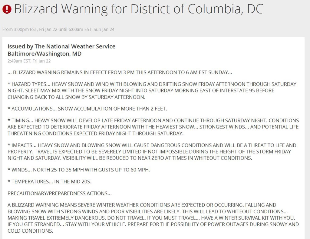 2016 01 23 - Weather - Blizzard Warning DC