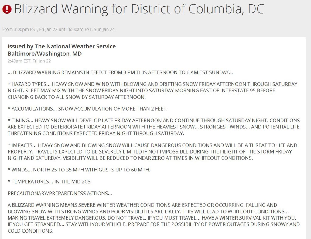 2016 01 23 - Weather - Blizzard Warning DC